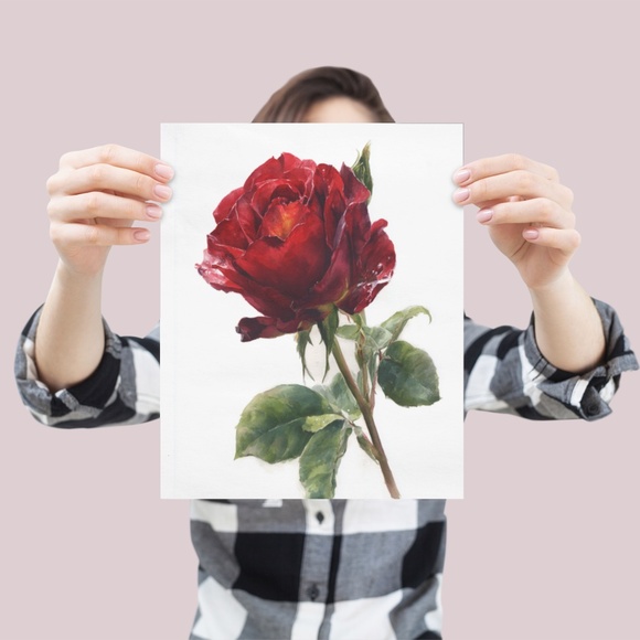 Watercolor Single Red Rose Wall Art Print, Unframed - Timeless Floral Elegance - Picture 4 of 6